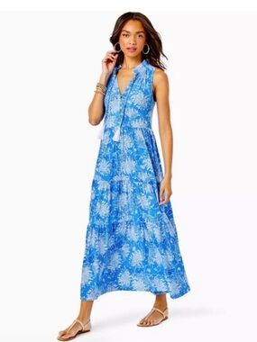 Lilly Pulitzer Blue Floral Malone croc it and lock it Maxi Dress